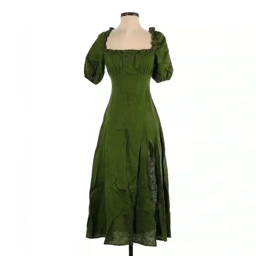 Reformation Jacqueline Linen Midi Dress 0 XS Puff Sleeve Square Neck Ruched Moss - Picture 9 of 10